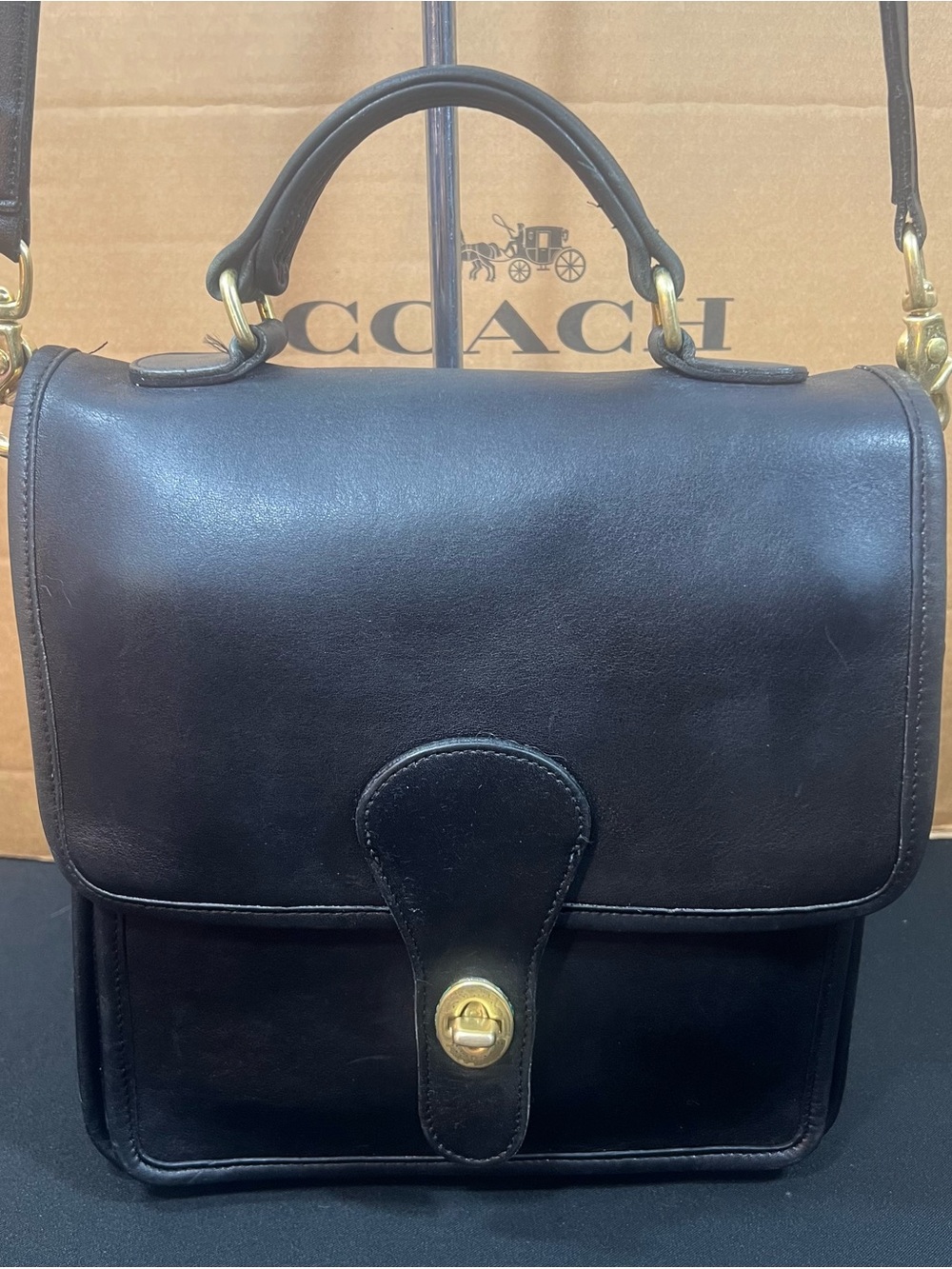 Coach Black Leather Messenger Bag with Gold Hardware